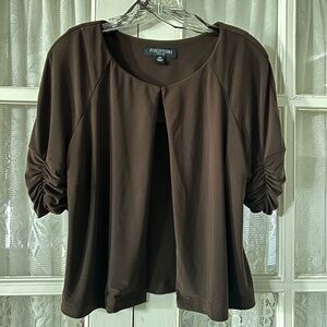 Women’s Perceptions New York 10P Brown Open Front Blouse Top Ruched Sleeves